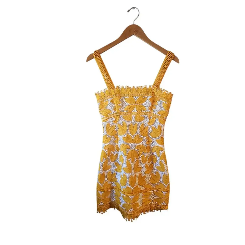 Saylor yellow white crochet summer floral mini dress sz XS